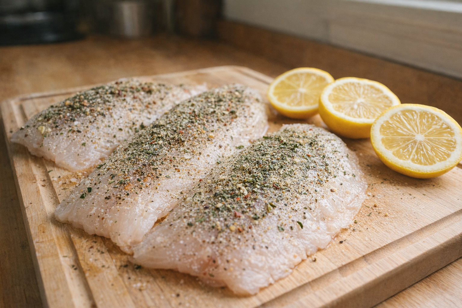 Close-up shot of raw flounder fillets on a wooden cutting board, seasoned with herbs and spices, lemon slices nearby, natural light